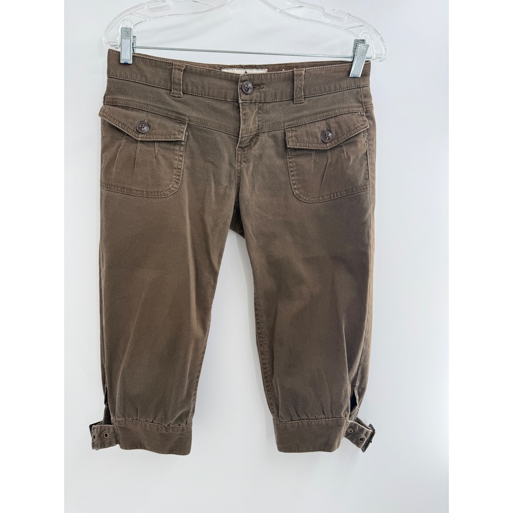 Y2K Noir Brown Utility Capri Pants Buckle Hem Stretch Cotton Cropped Size 3